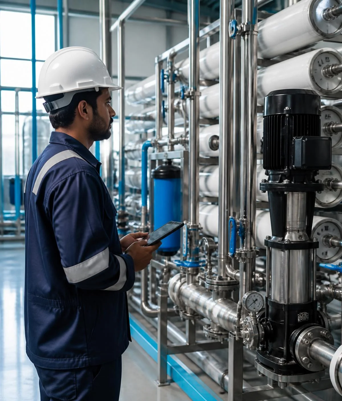 Water treatment engineer inspecting an industrial RO system