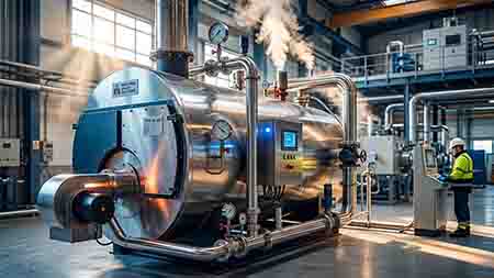 Industrial steam boiler room with pipes valves and gauges