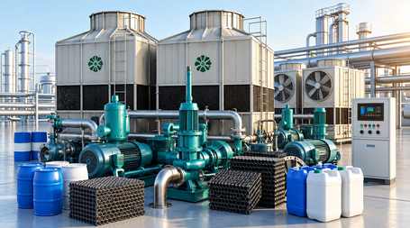 Large industrial cooling tower with pipelines and mechanical equipment