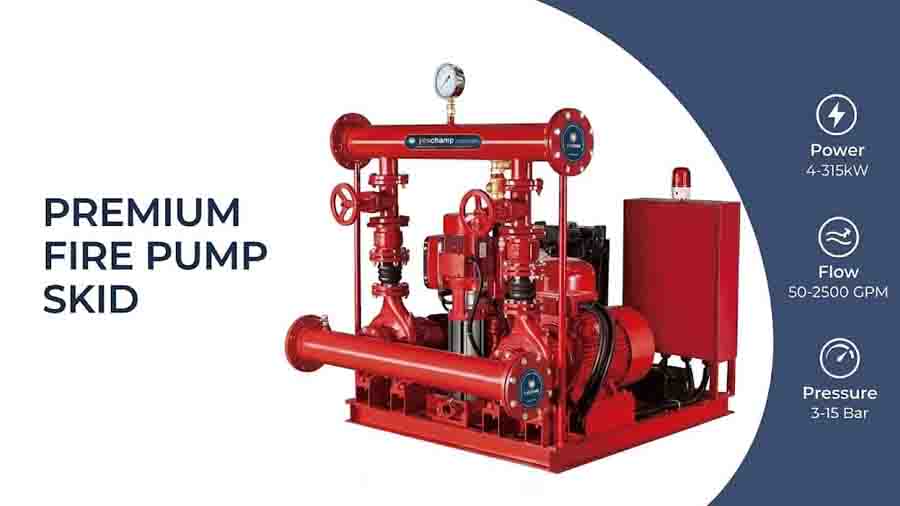 Industrial fire pump room with hydrant and sprinkler protection equipment